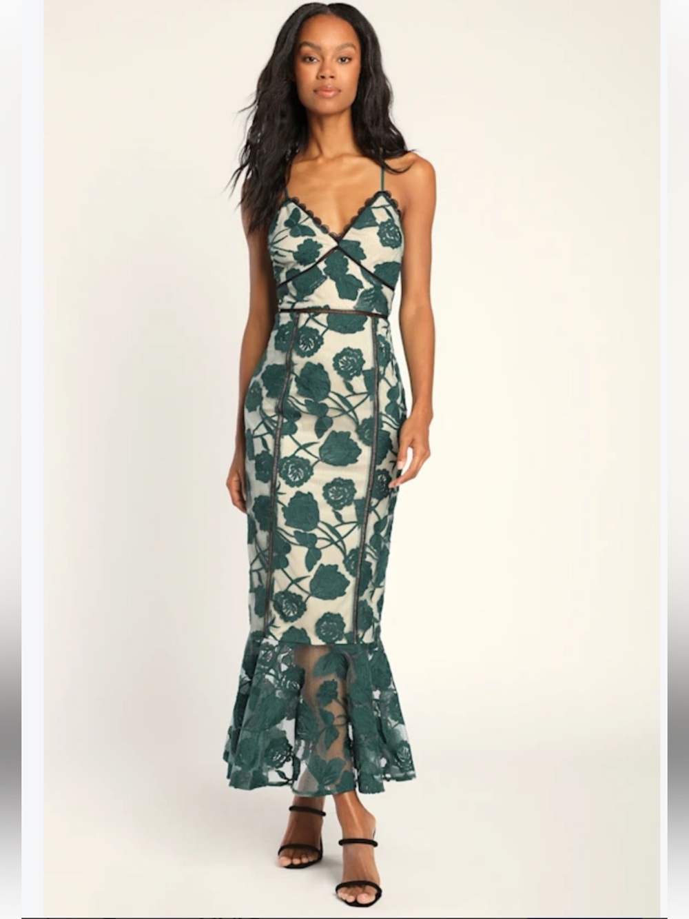 Lulus Alluring Dream Emerald Green Floral Mesh Lace Trumpet Midi Dress Medium